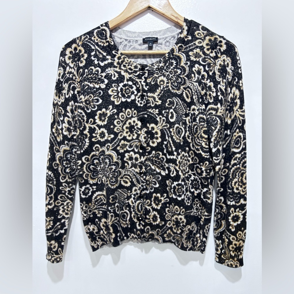 Talbots Women’s Black‎ Gold Metallic Sparkly Sweater Cardigan Size M